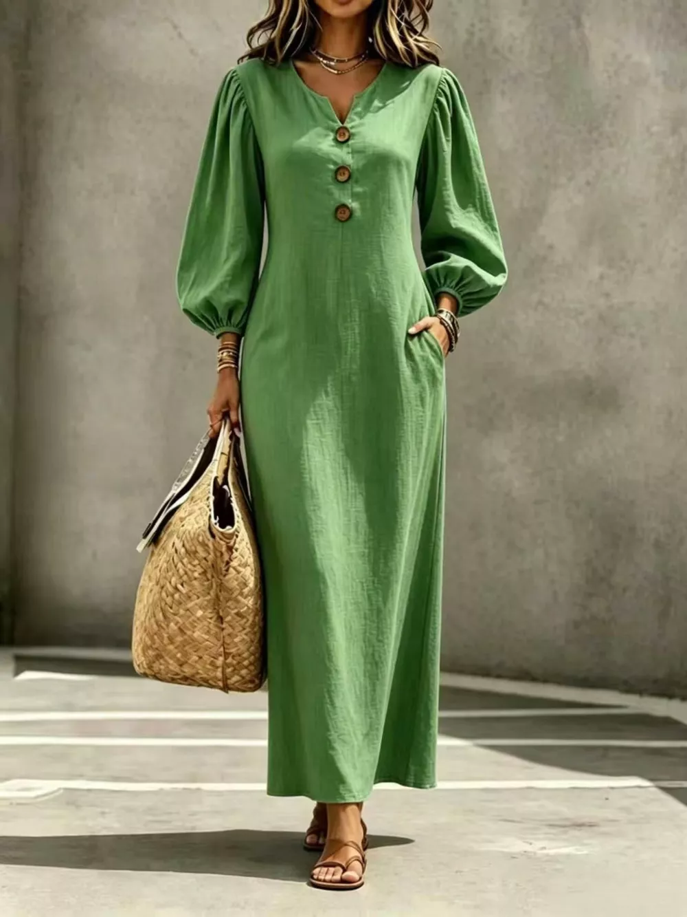 Decorative Button Balloon Sleeve Maxi Dress, image 10