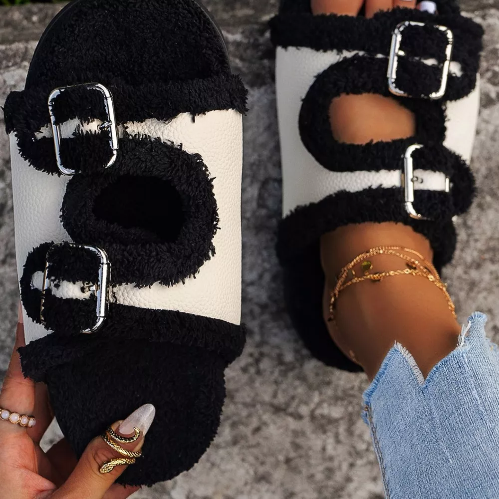 Buckle Decor Plush Lined Platform Slippers, image 4