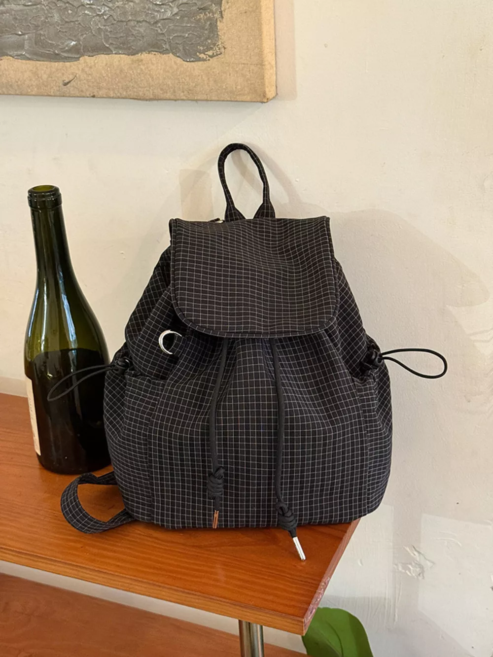 Plaid Drawstring Closure Backpack Bag