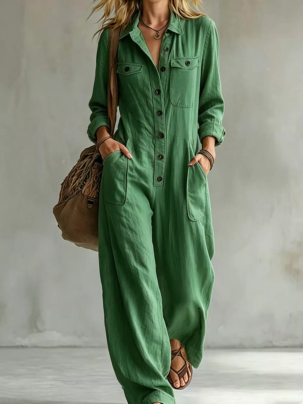 Full Size Long Sleeve Button Front Jumpsuit Plus Size, image 2