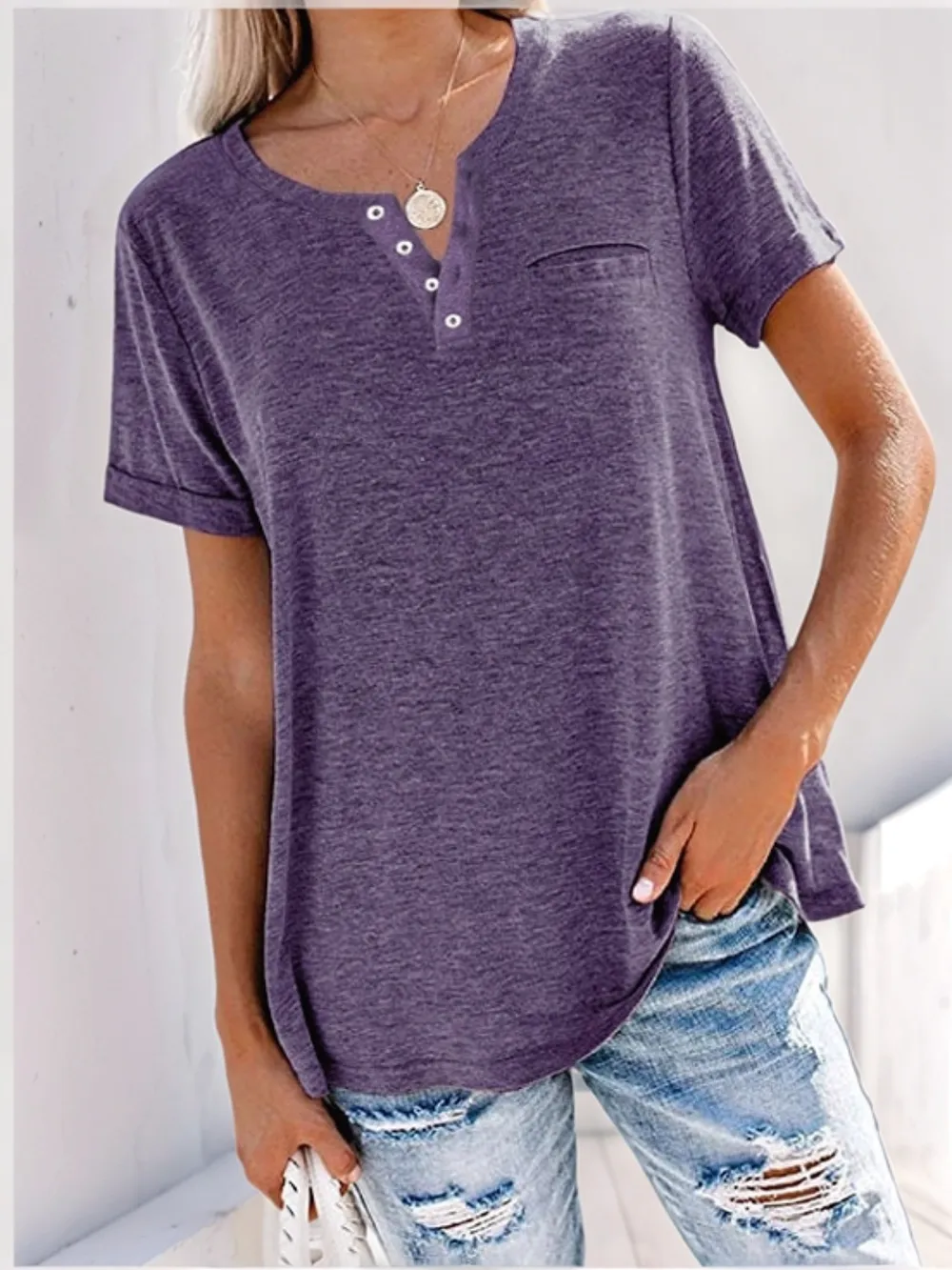 Full Size Notched Short Sleeve T-Shirt Plus Size, image 16