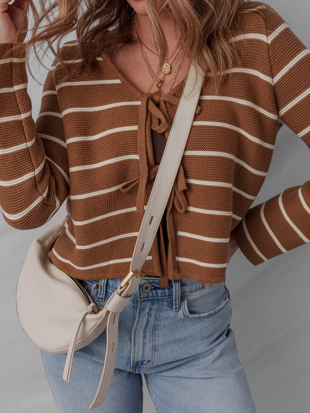 Tie Front Striped Knit V Neck Cardigan, image 6