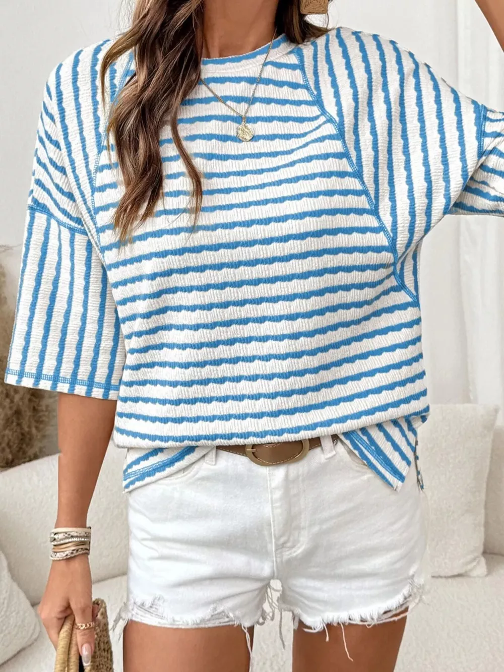 Casual Striped Raglan Sleeve Textured T-Shirt, image 4