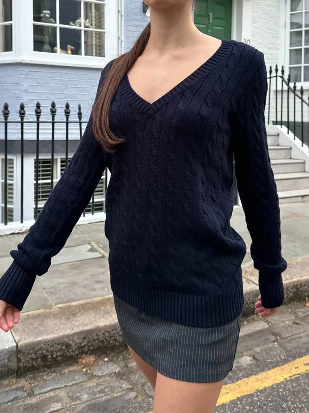 Cable Knit V-Neck Sweater, image 8