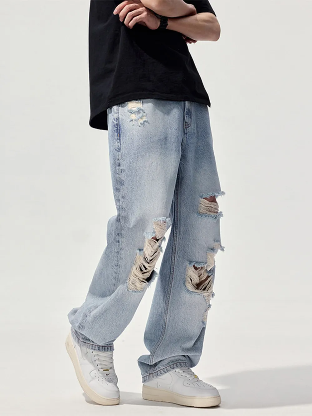 Men's Distressed Washed Wide Leg Jeans, image 3