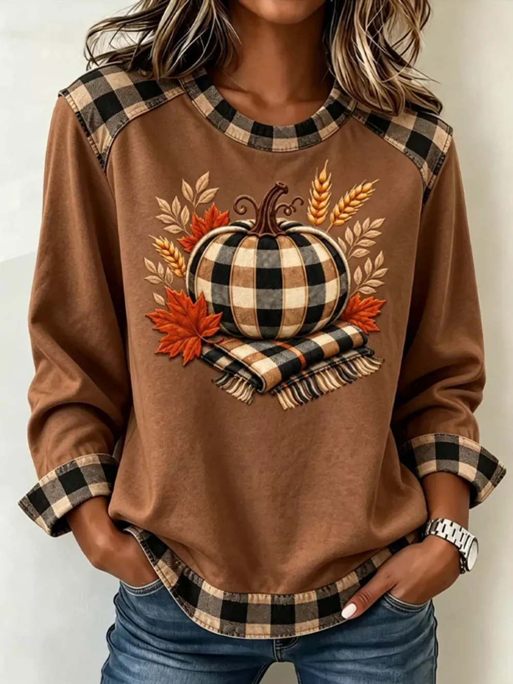 Full Size Pumpkin Plaid Patchwork Long Sleeve Sweatshirt Plus Size, image 4
