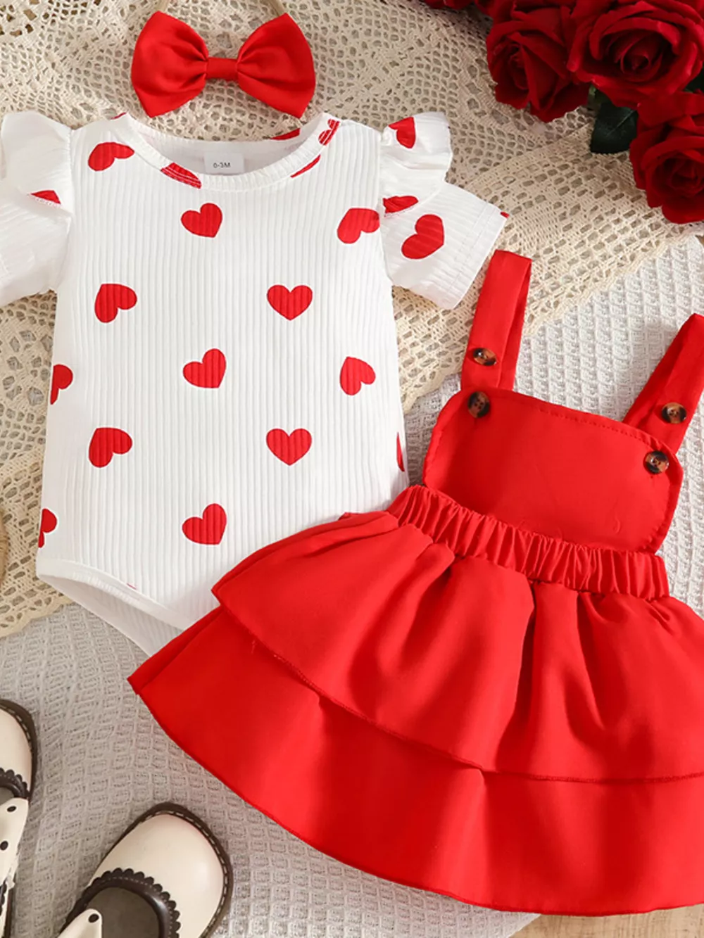 Children's Heart Print Ruffle Trim Bodysuit and Dress Set with Headband, image 5