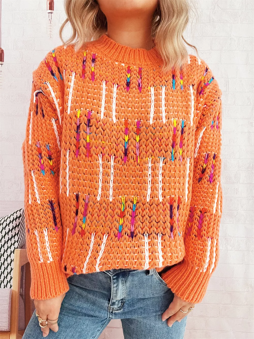 Colorful Round Neck Long Sleeve Sweater, image 18