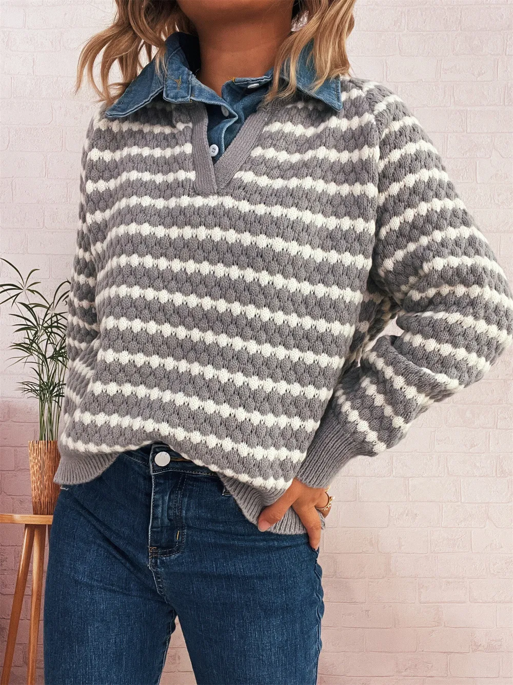 Contrast Striped Sweater with Denim Collar, image 17