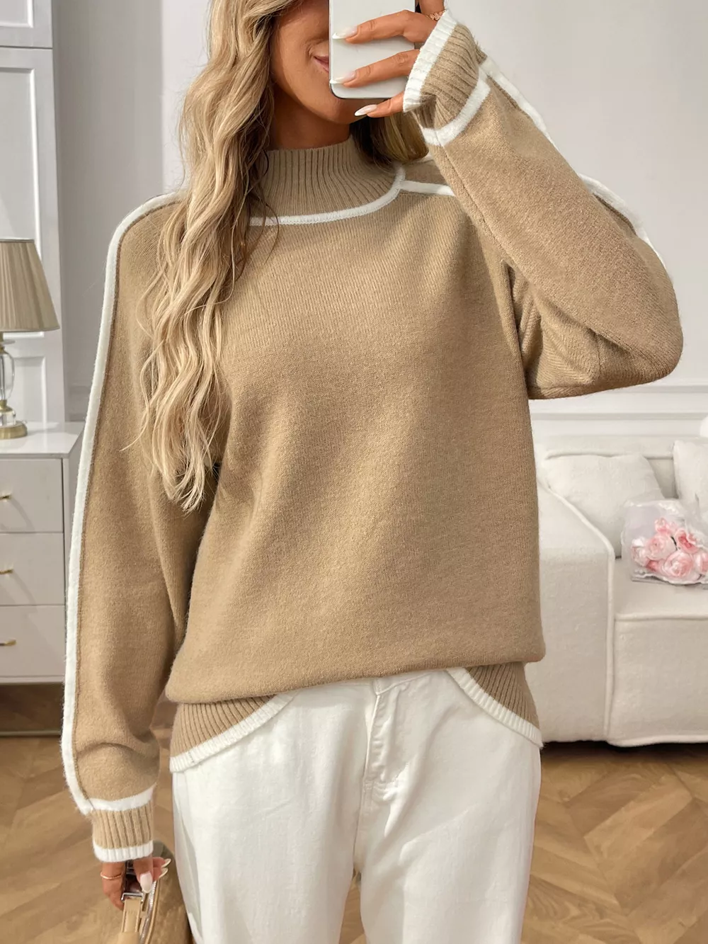 Contrast Trim Turtleneck Long Sleeve Sweater, image 10