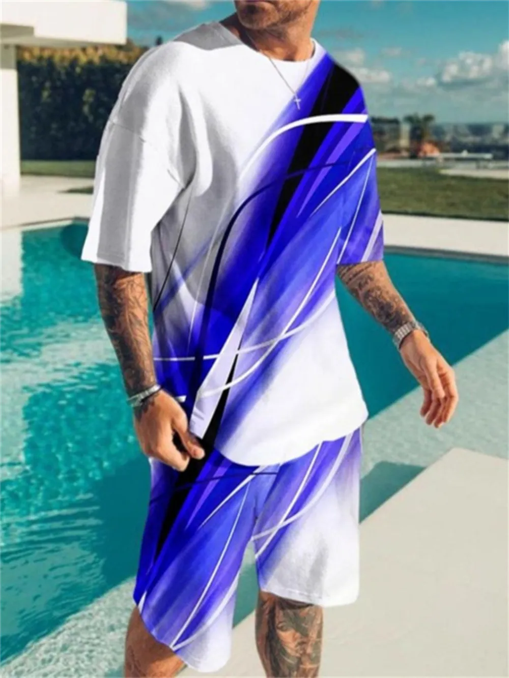 Men's Full Size Contrast Short Sleeve Top and Shorts Set Plus Size, image 2