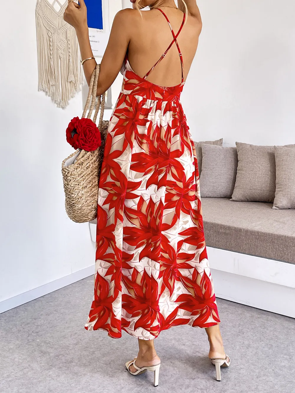 Crisscross Back Printed Midi Dress with Cutout Detail, image 2