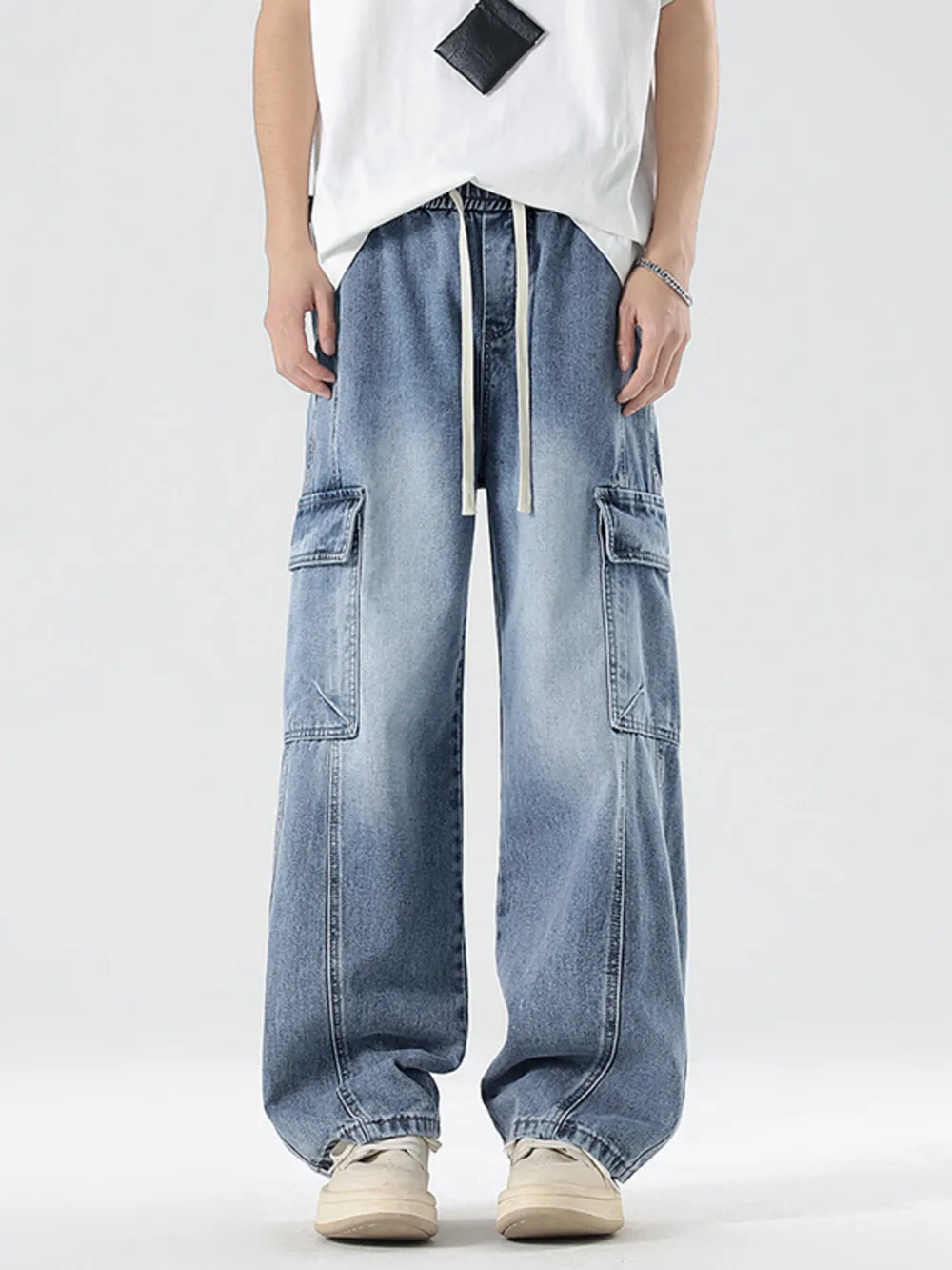 Men's Plus Size Wash Wide Leg Cargo Jeans, image 13