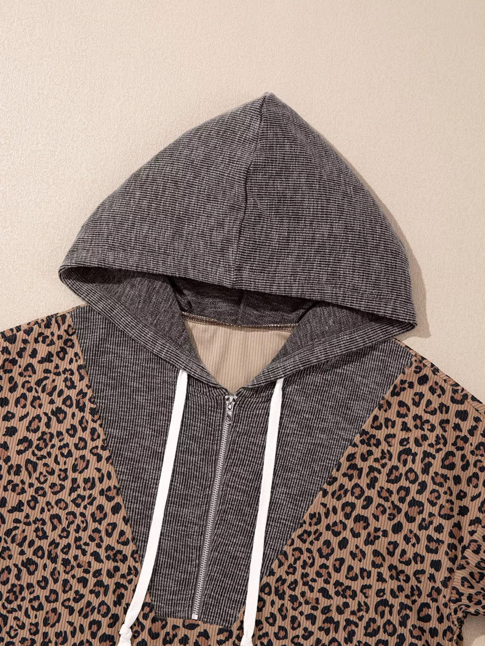 Ribbed Leopard Print Contrast Collar Zip Hoodie, image 6