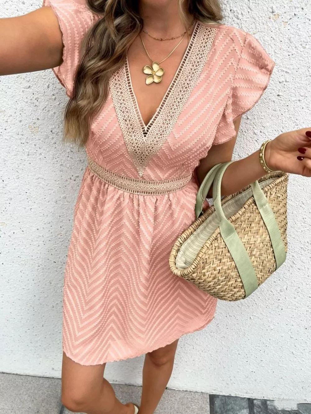 V-Neck Ruffle Sleeve Mini Dress, image 2