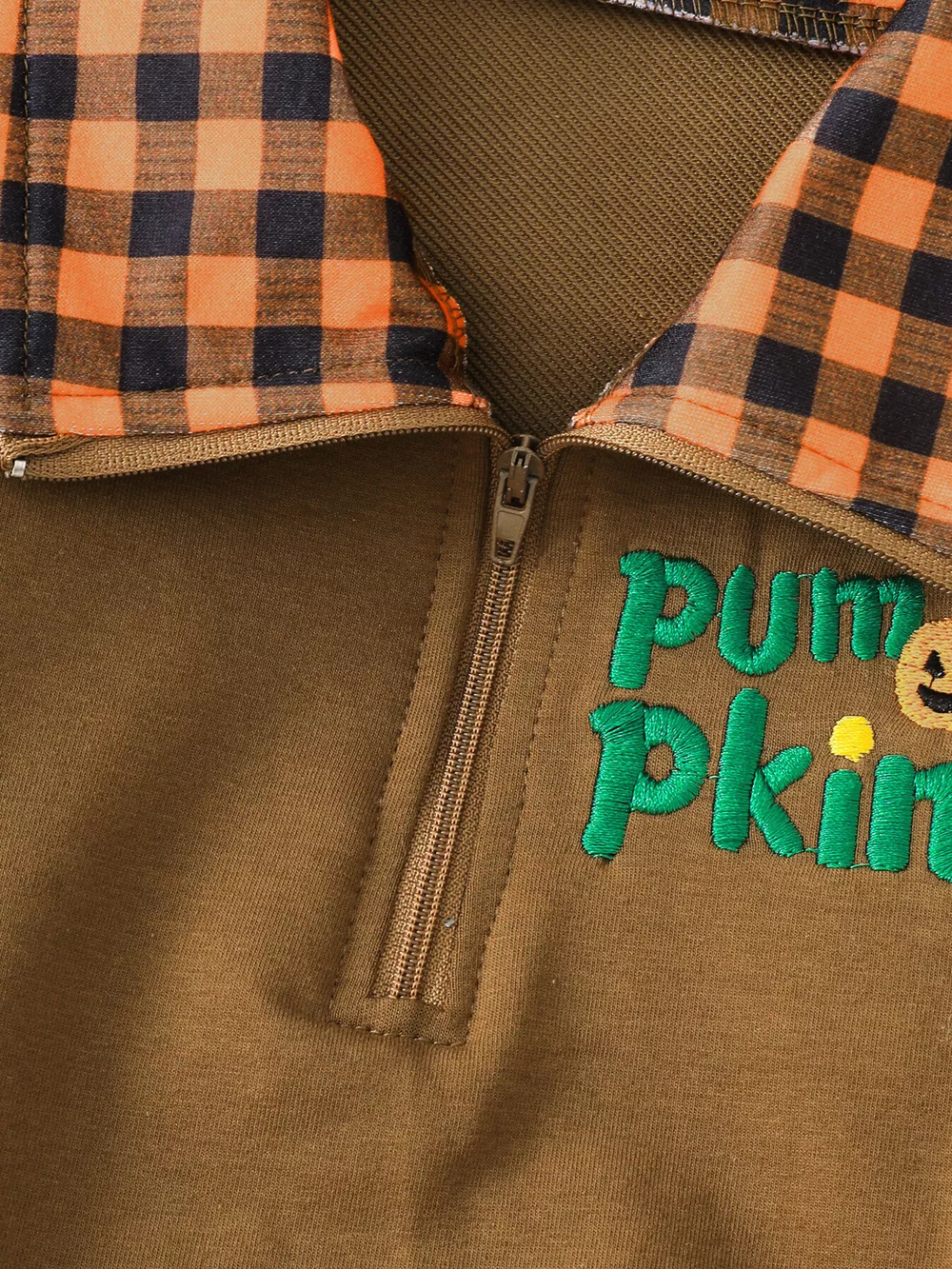 Children's Pumpkin Quarter-Zip Plaid Collar Sweatshirt, image 2