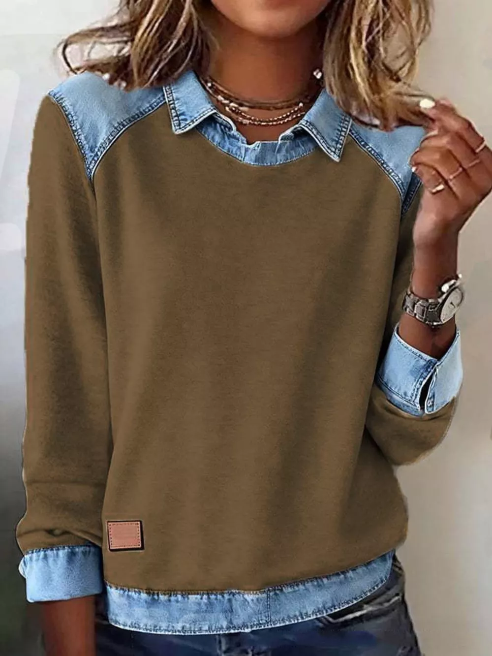 Full Size Denim Trim Long Sleeve Top Plus Size, image 11