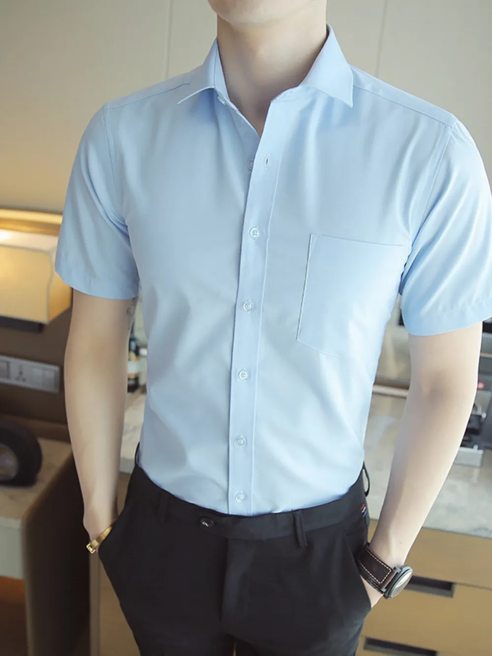 Men's Short Sleeve Solid Color Slim Fit Casual Shirt, image 3