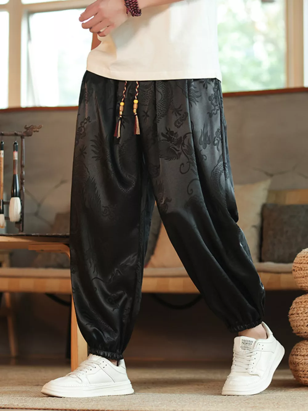 Men's Plus Size Dragon Pattern Silk Harem Pants, image 7