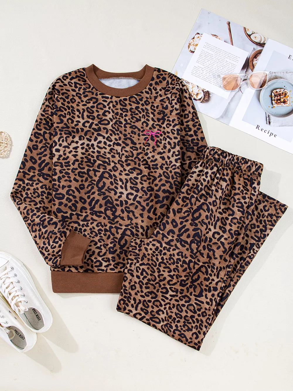 Leopard Print Contrast Trim Long Sleeve Top and Pants Set, image 11