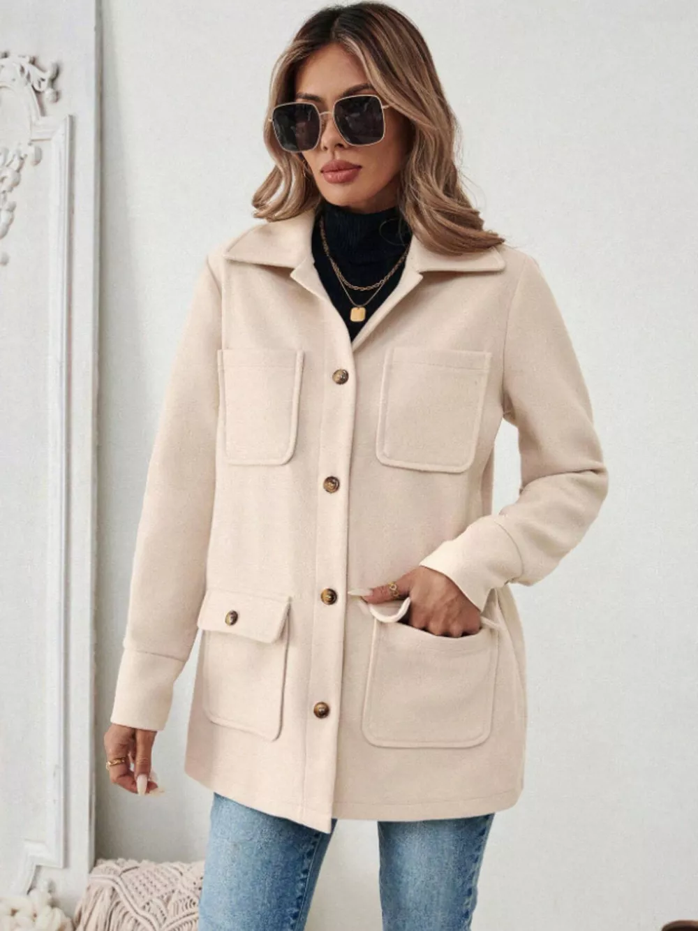 Button-Front Pocketed Long Sleeve Outerwear, image 3