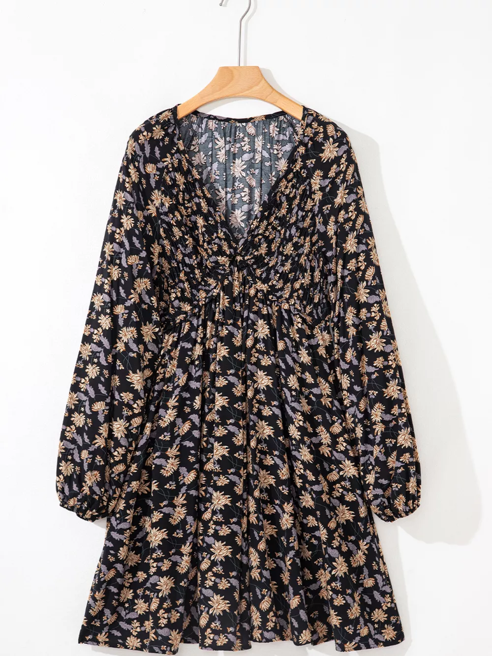 Floral Deep V Neck Smocked Bust Bubble Sleeve Babydoll Dress, image 8