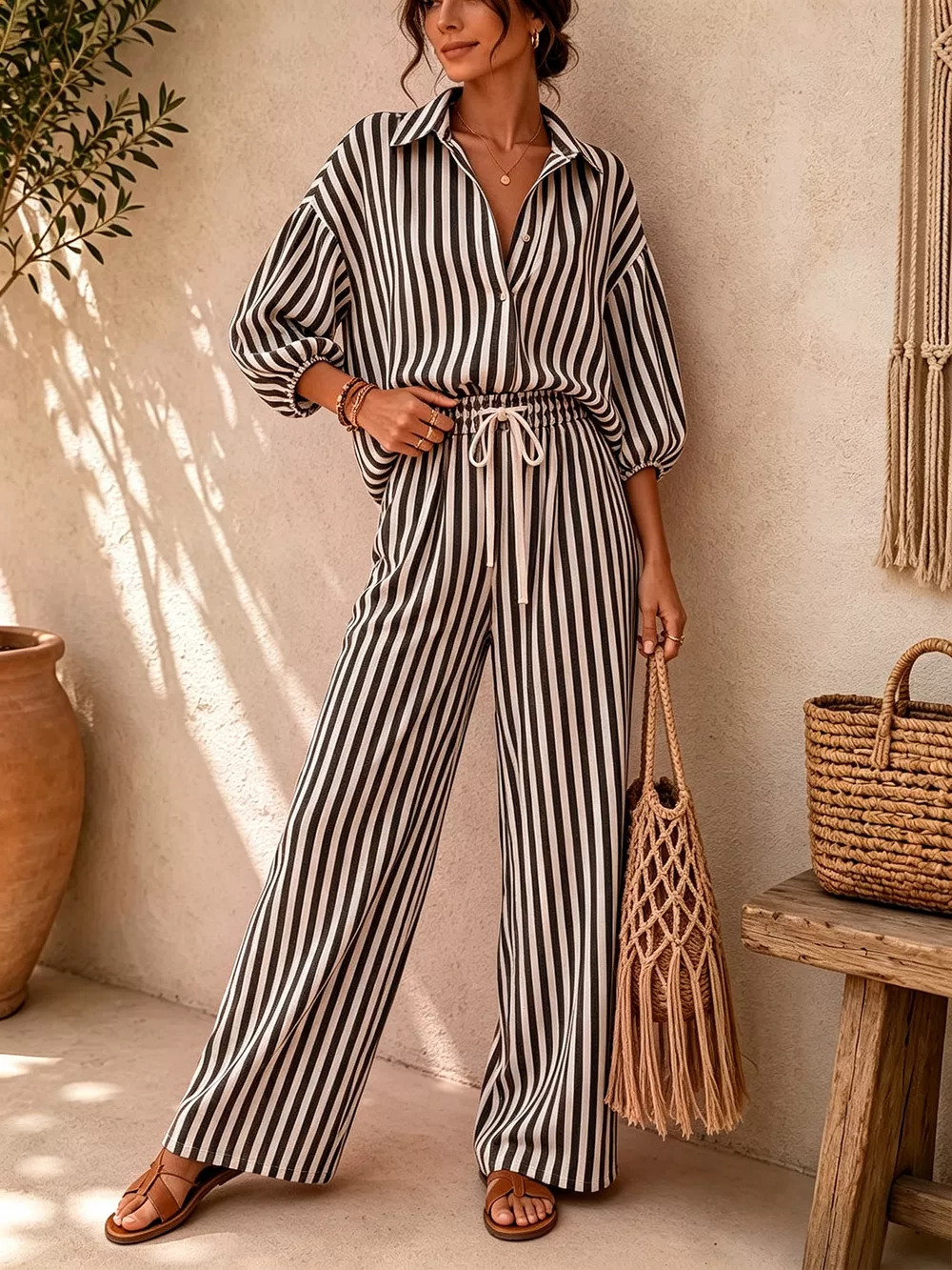 Striped Collared Shirt and Wide-Leg Drawstring Pants Set, image 2
