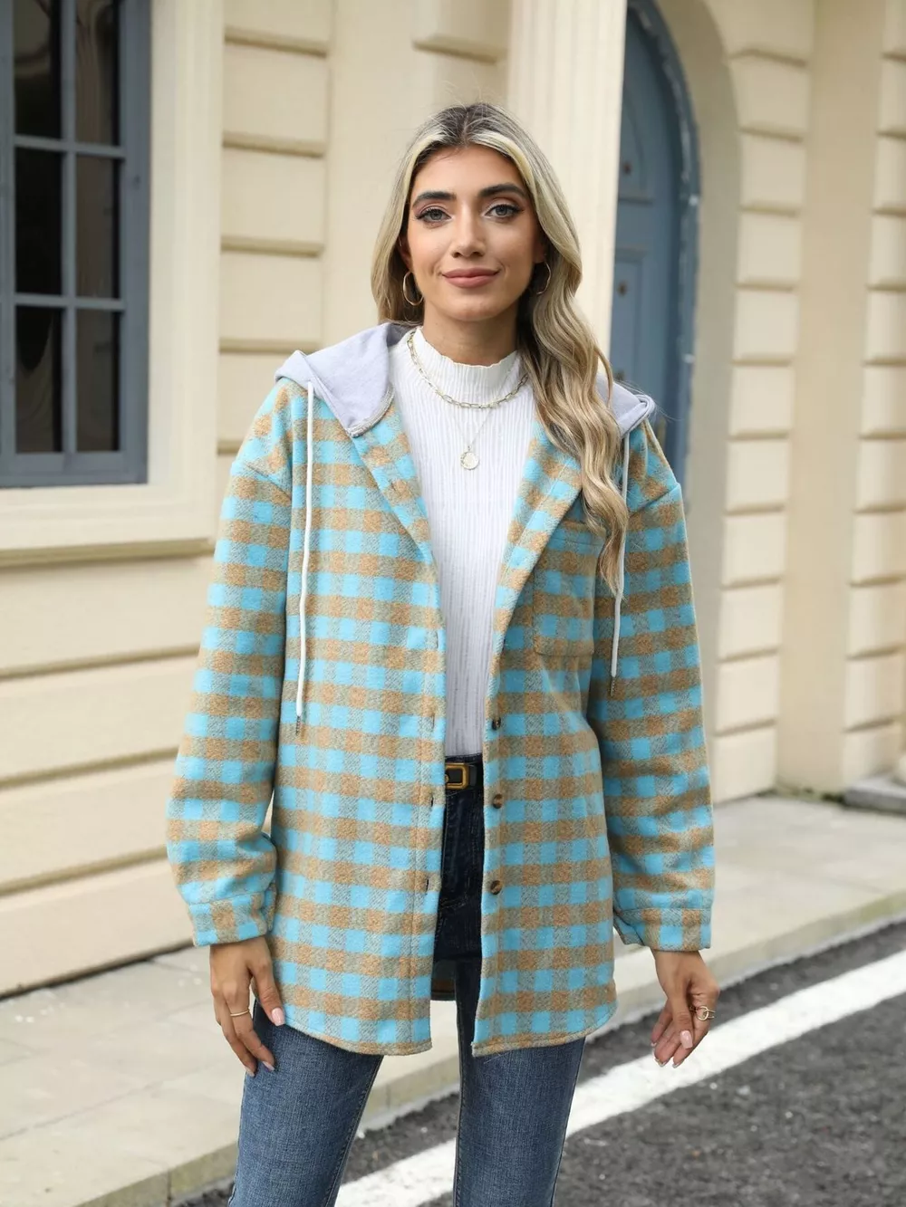 Plaid Button Up Long Sleeve Drawstring Hooded Jacket, image 21