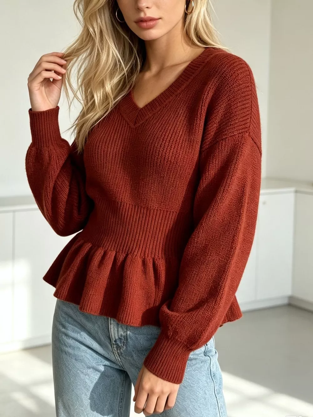 V-Neck Peplum Hem Ribbed Knit Top, image 28