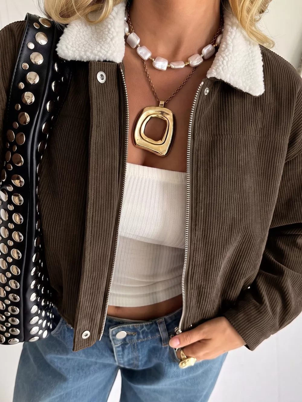 Contrast Sherpa Collar Corduroy Zip Up Jacket, image 3
