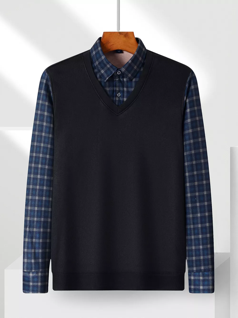 Men's Plus Size Striped Long Sleeve Fake Two-Piece Knit Top