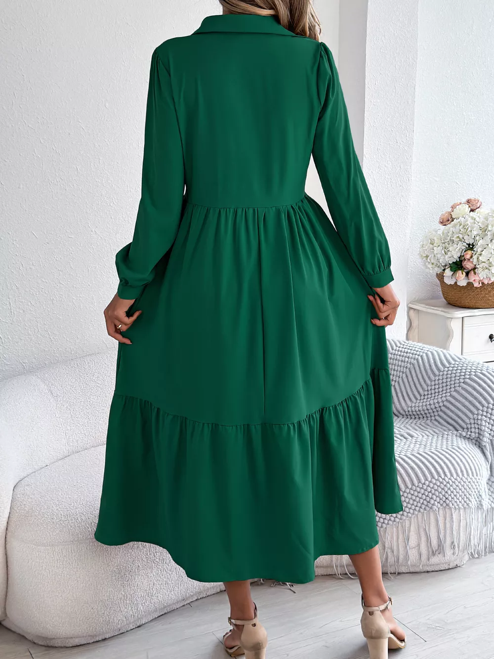 Long Sleeve Tiered Button Front Midi Dress, image 19