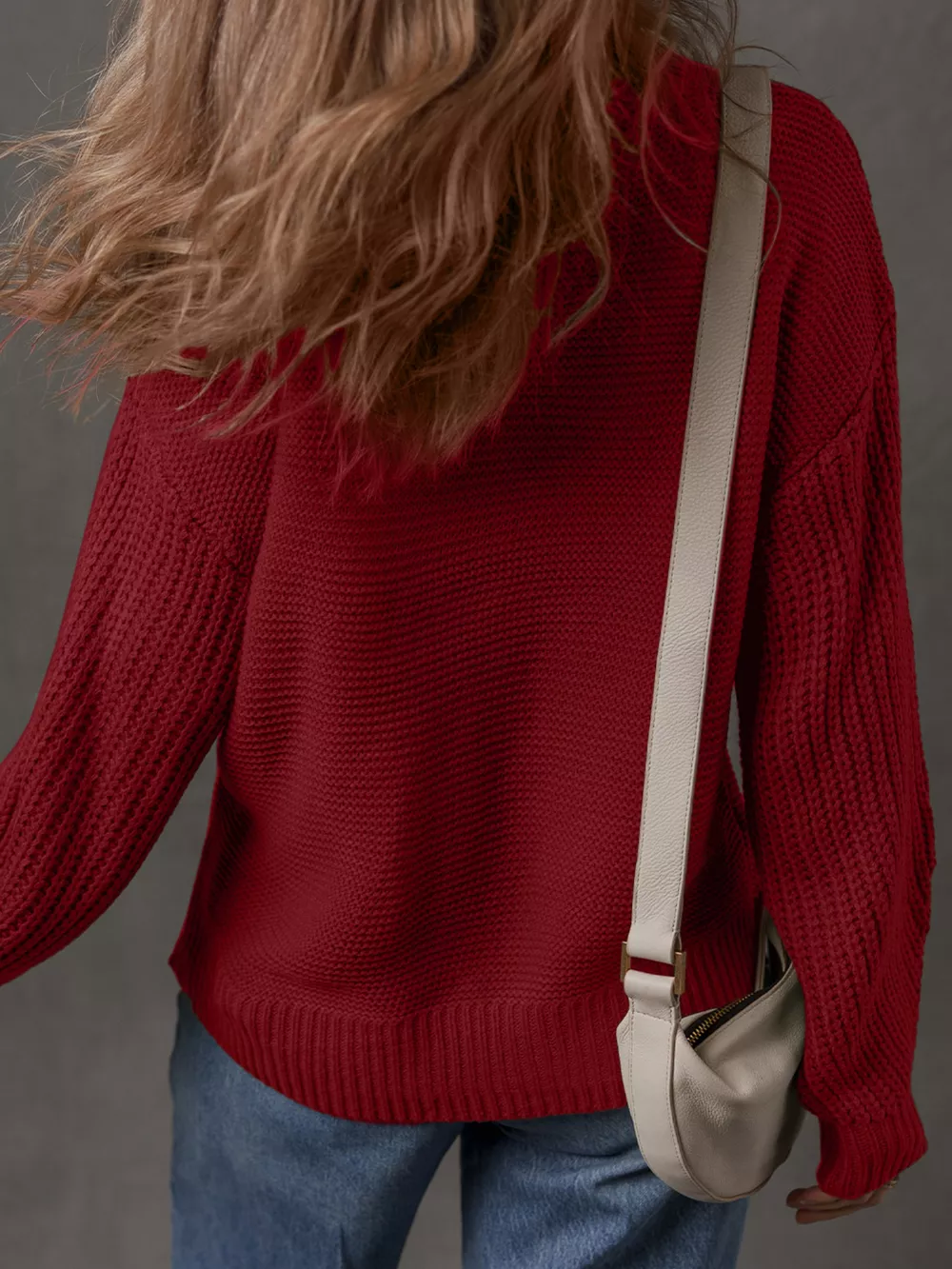 Solid Color Front Seam Drop Shoulder Loose Sweater, image 3