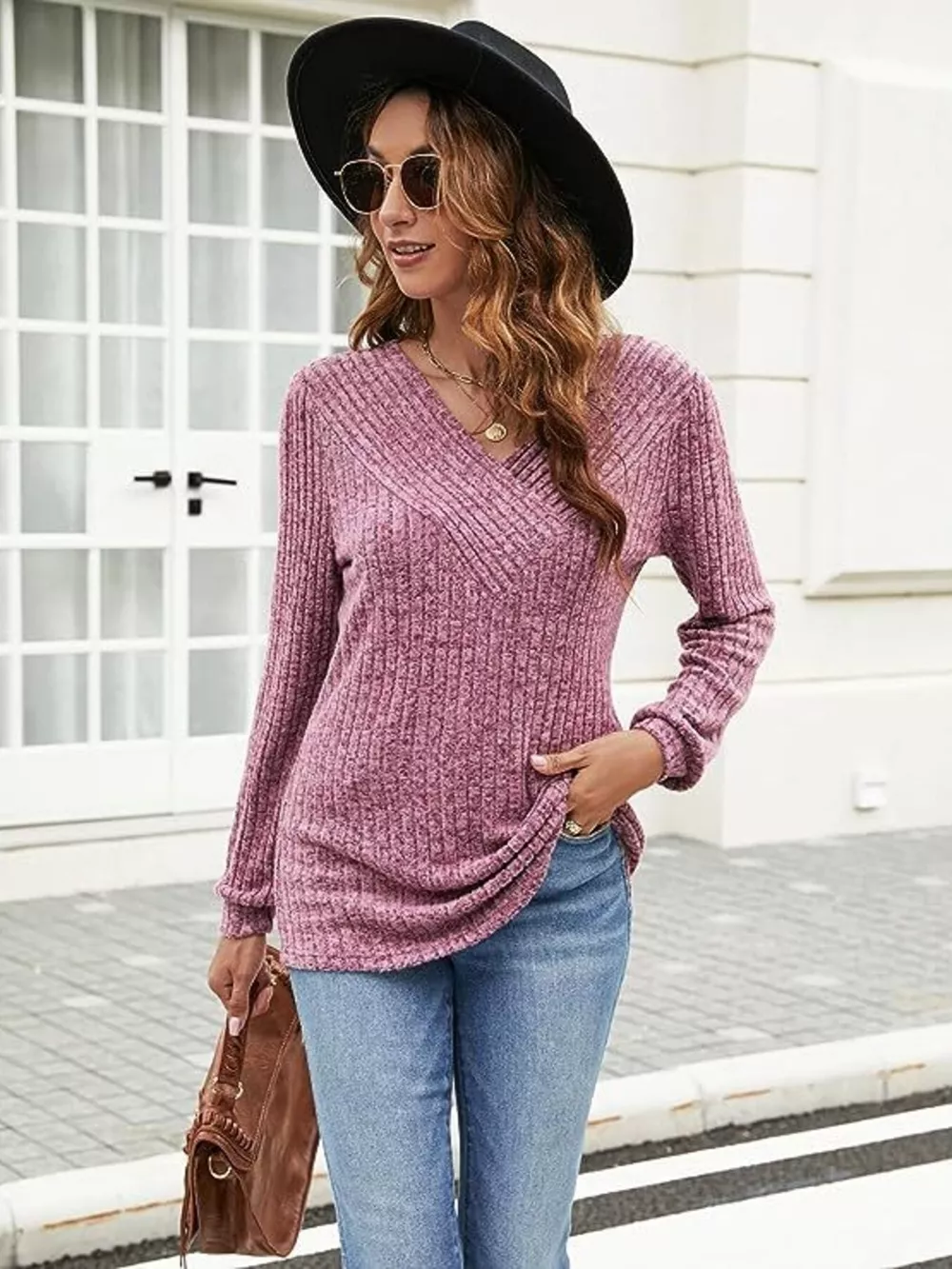 V-Neck Ribbed Long Sleeve Knit Top, image 6