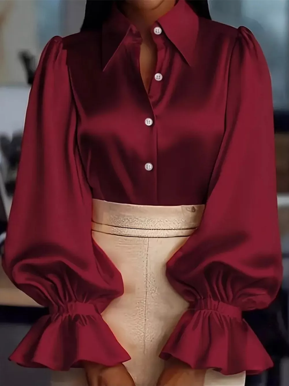 Satin Button Up Flounce Sleeve Shirt, image 6