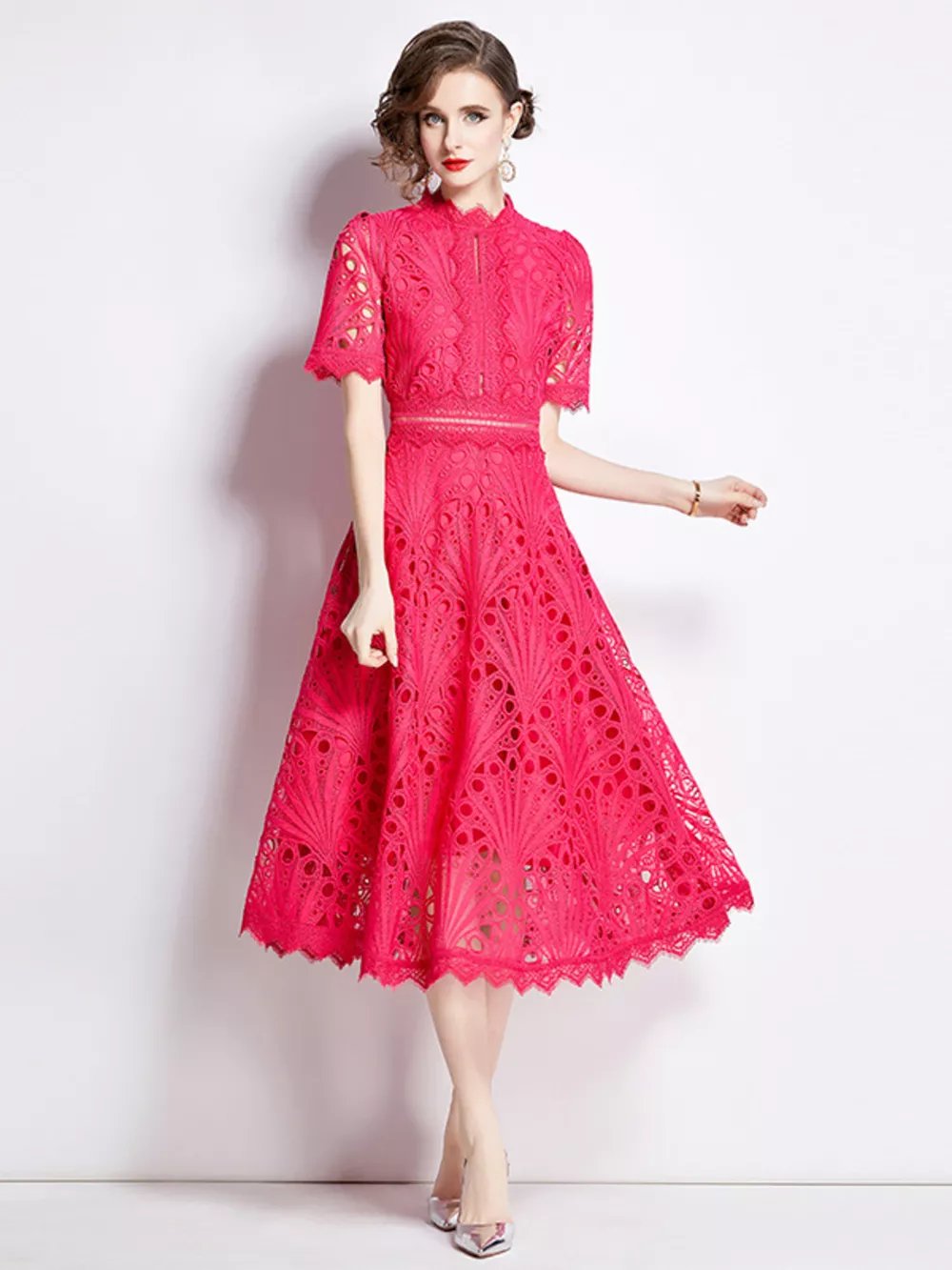 Full Size Lace Short Sleeve Midi Dress Plus Size, image 13