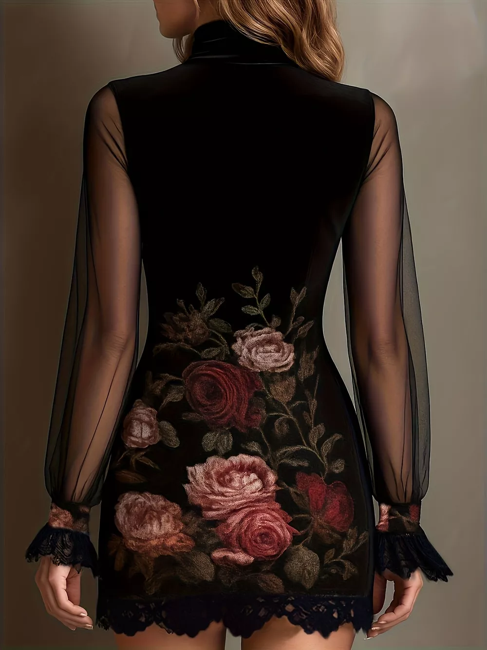 Floral Velvet Mini Dress with Sheer Mesh Sleeves, image 11