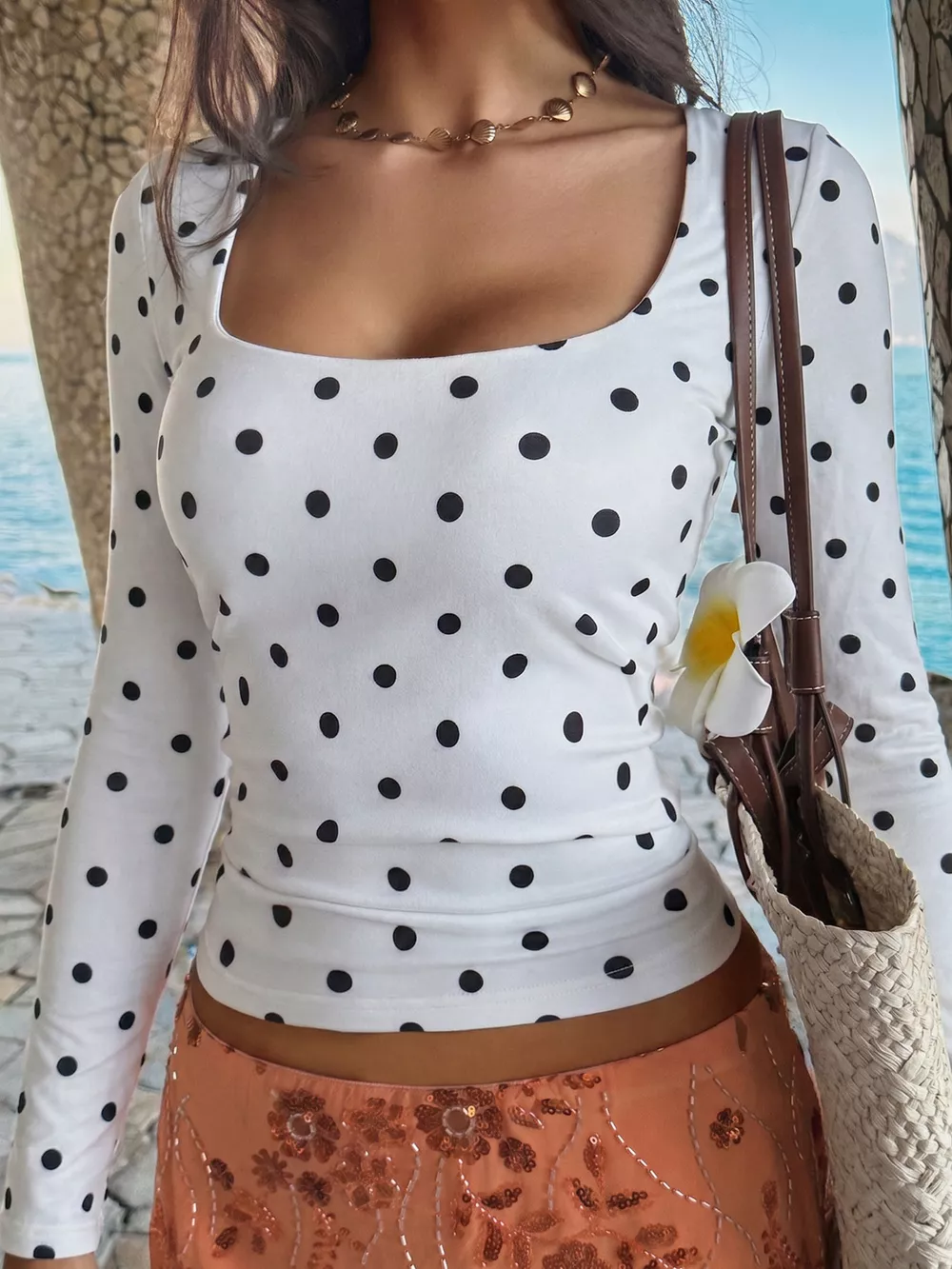 Polka Dot Square Neck Long Sleeve T-Shirt, image 4