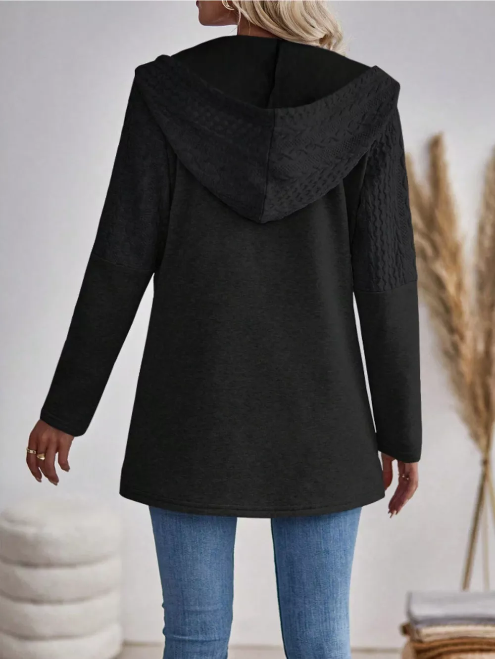 Drawstring Textured Zip Up Drawstring Hooded Jacket, image 9