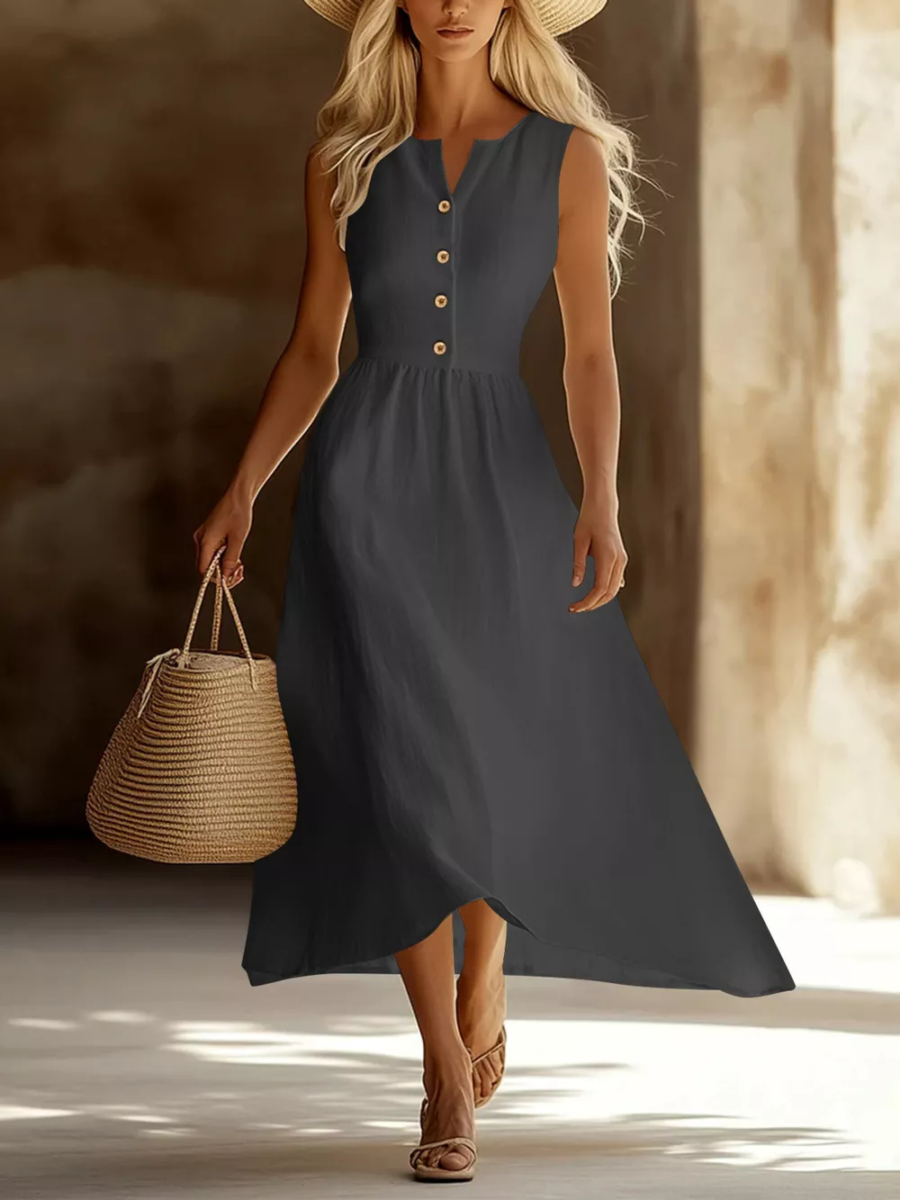 Sleeveless Button Front Flowy Midi Dress, image 17
