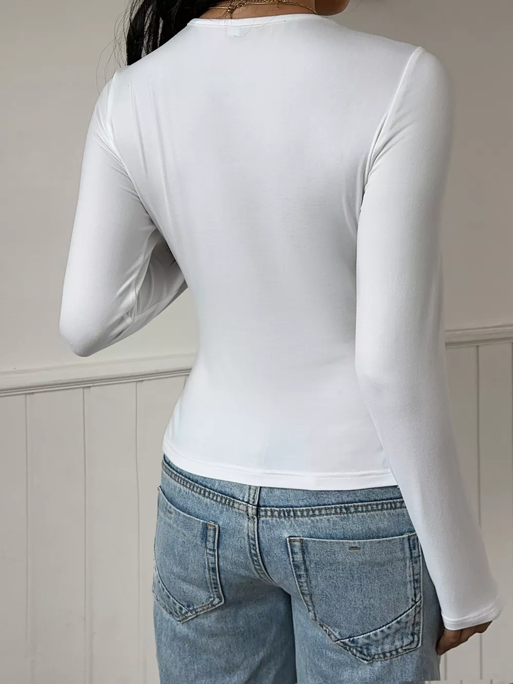 Lace-Trimmed V-Neck Tie-Front Long Sleeve T-Shirt, image 5