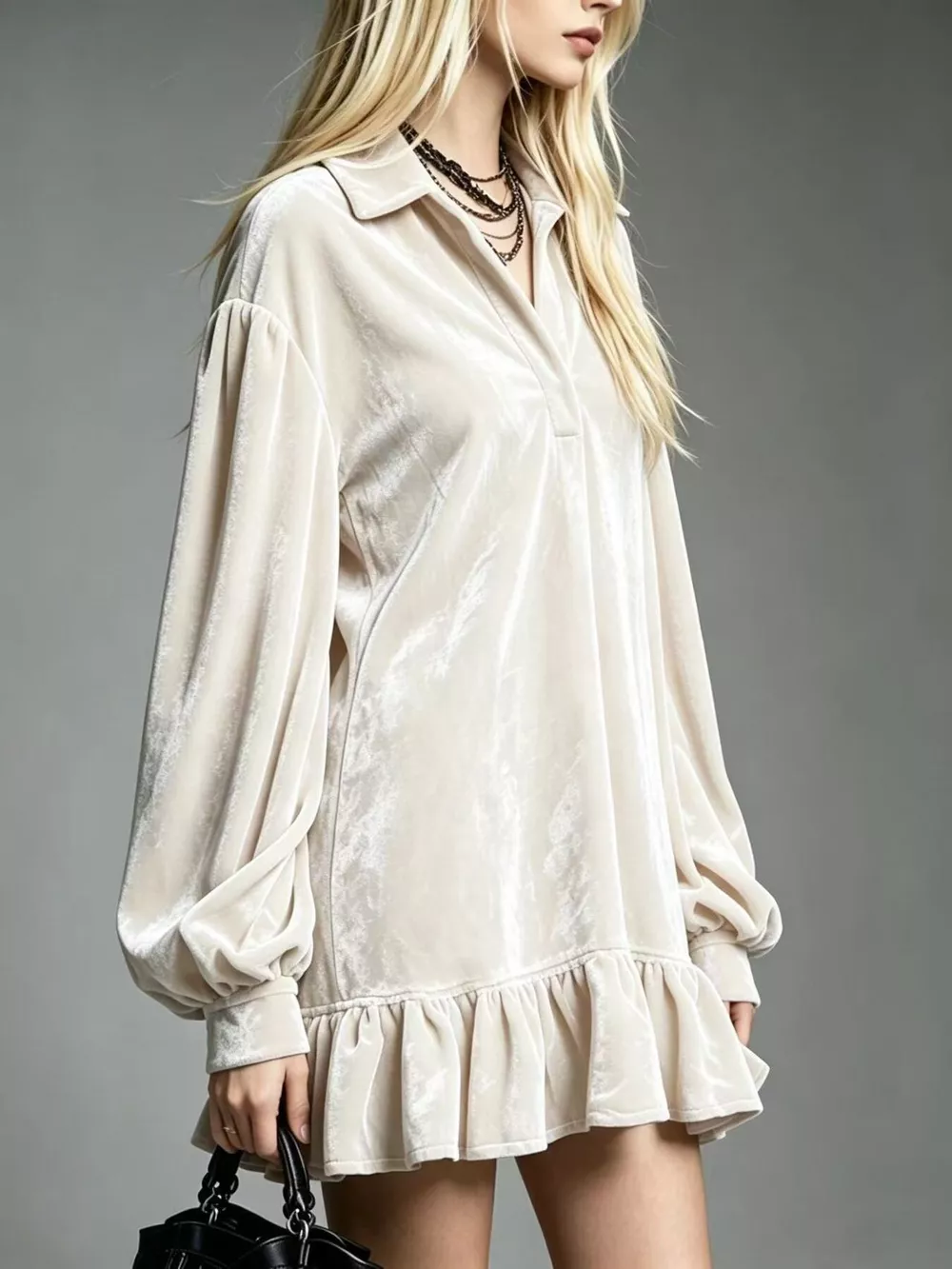 Full Size Velvet Long-Sleeve Ruffle Hem Mini Dress Plus Size, image 12