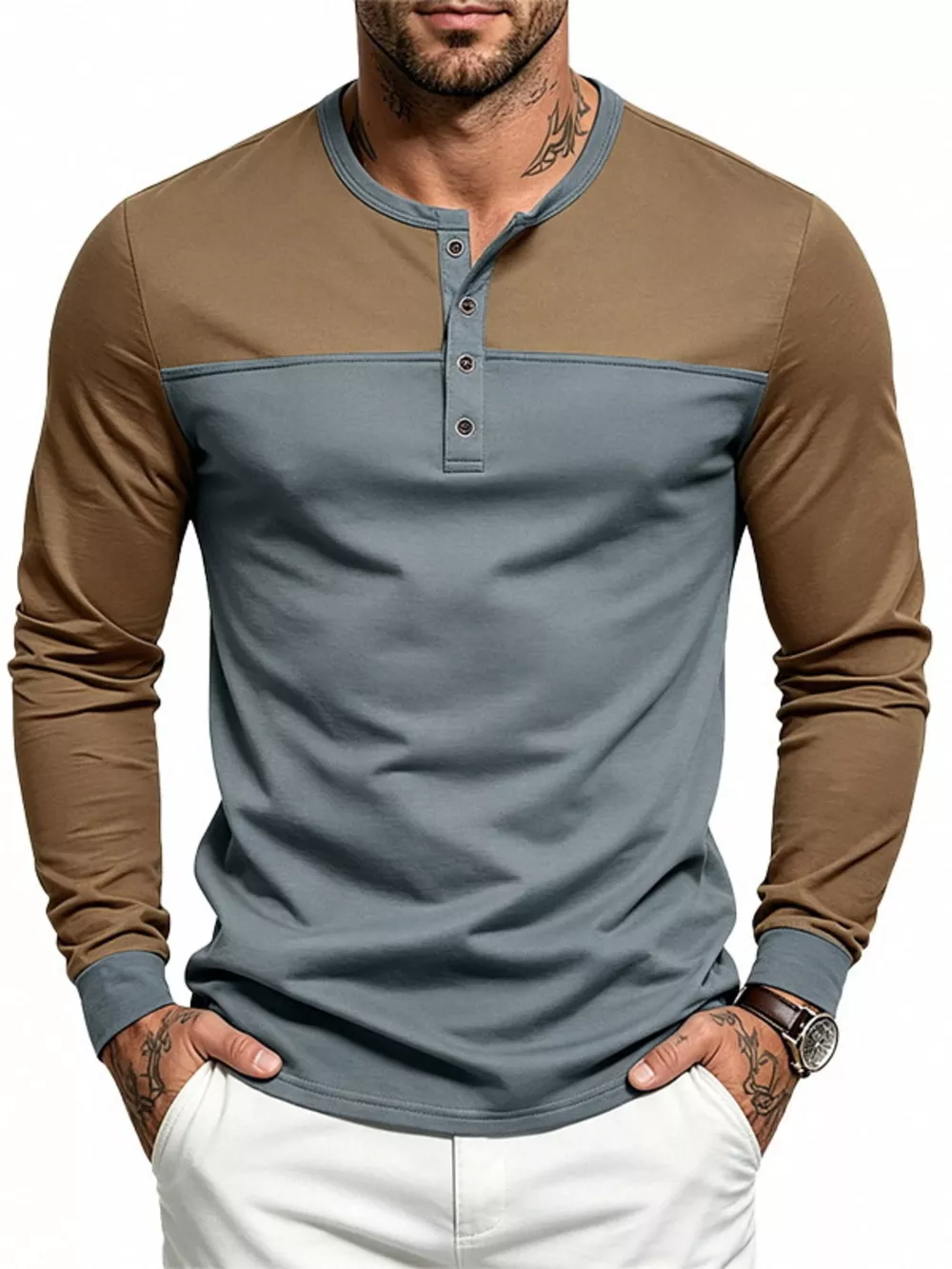 Men's Full Size Color-Block Long Sleeve Henley T-Shirt Plus Size, image 6