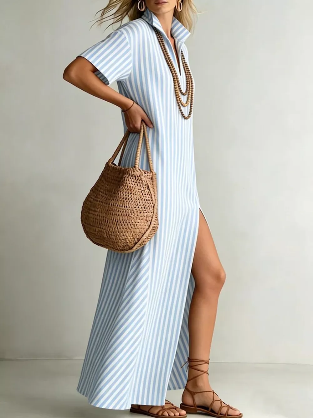 Striped High Slit Maxi Shirt Dress, image 3