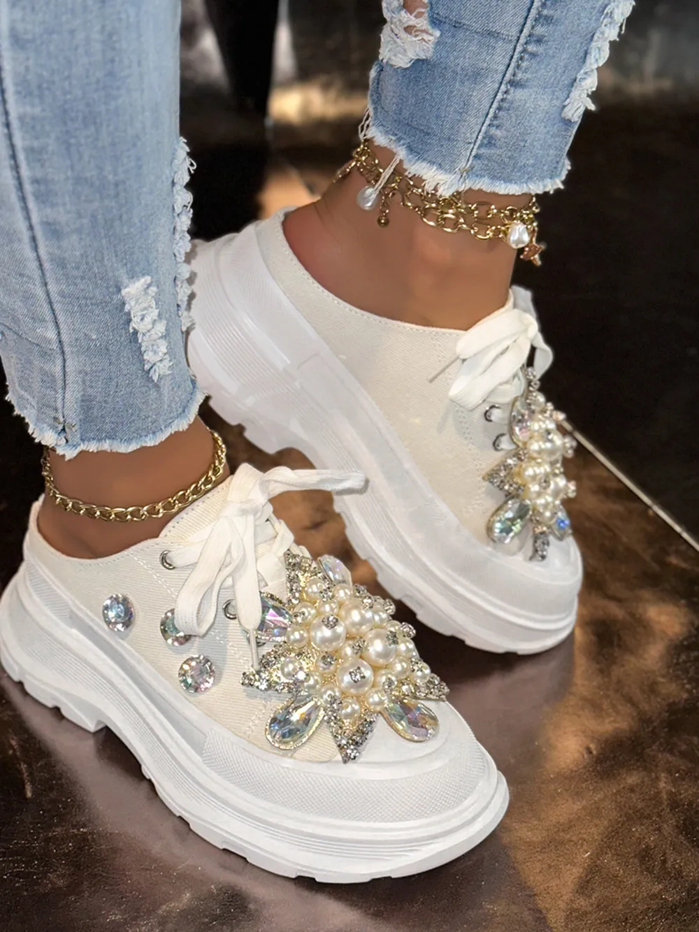 Pearl Embellished Platform Slip-Ons, image 11