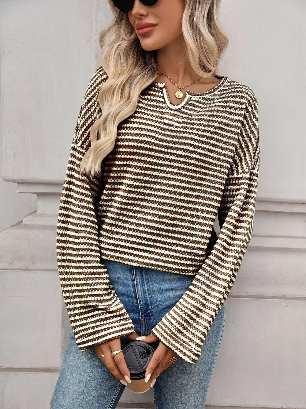 Striped Notched Long Sleeve T-Shirt, image 20
