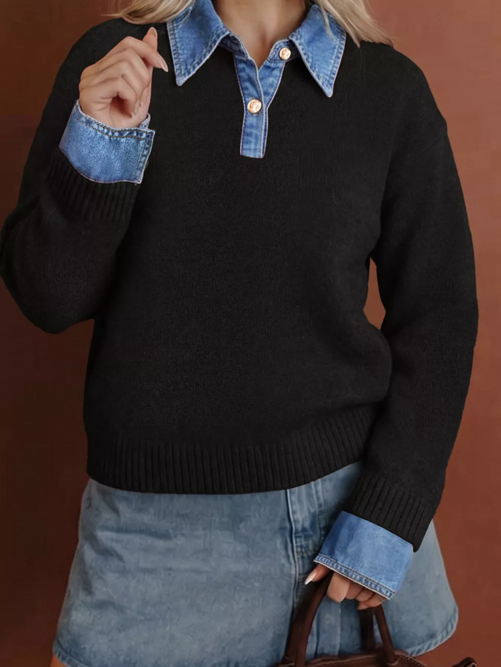 Denim Patchwork Collar Cuffed Casual Sweater, image 3
