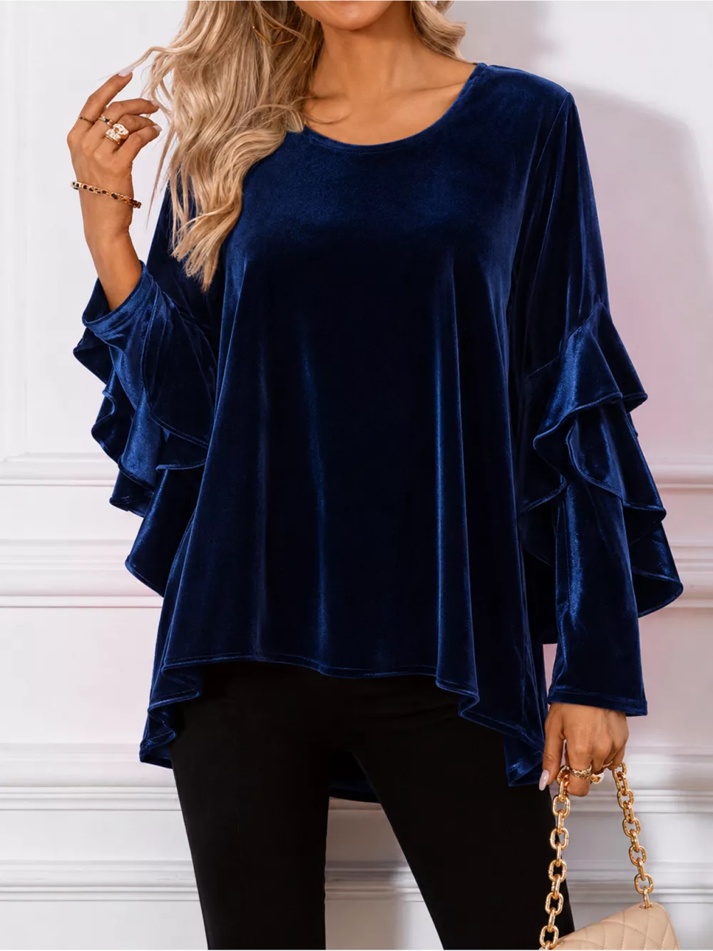 Velvet Round Neck Ruffle Sleeve Top, image 10