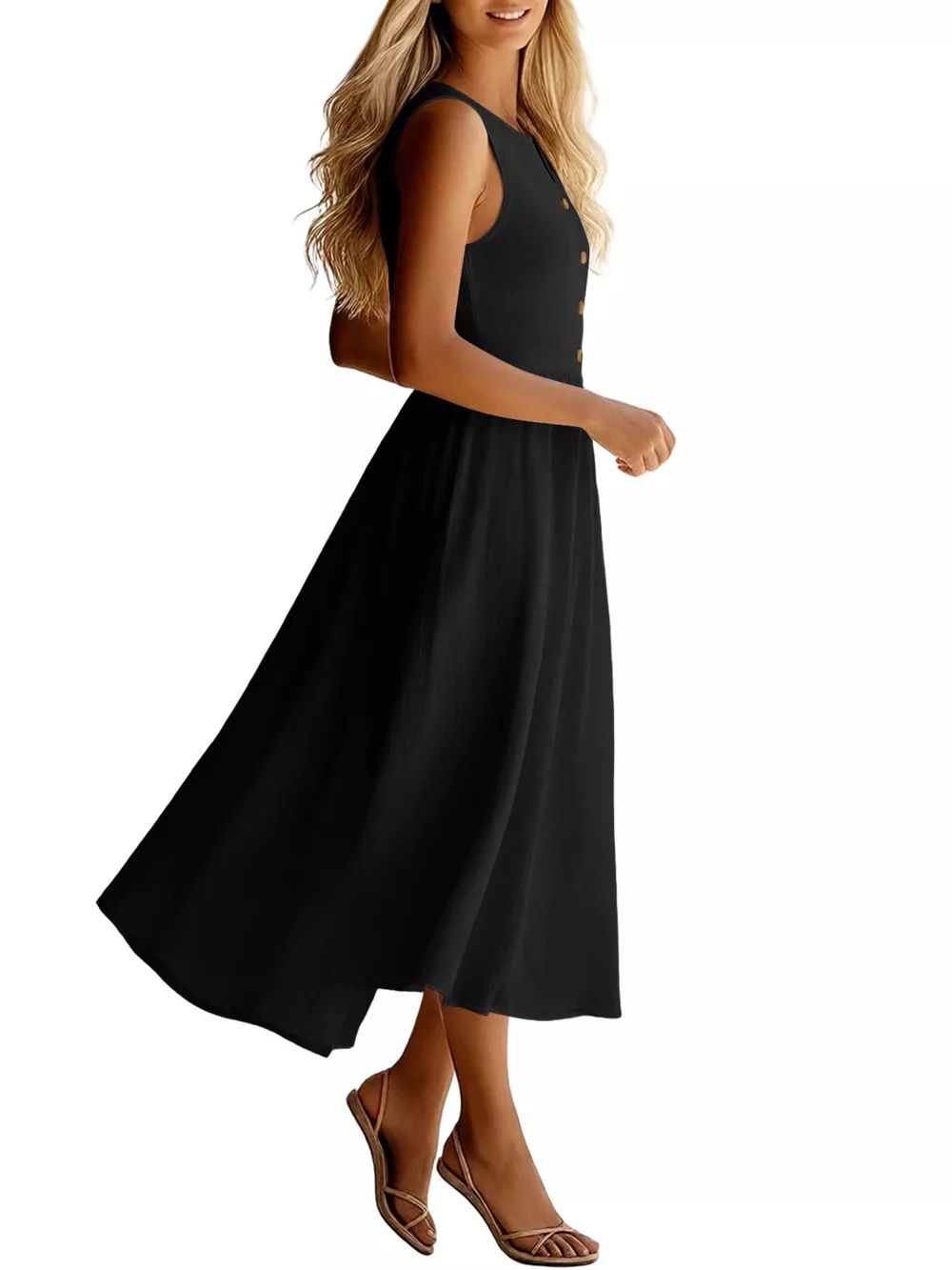 Sleeveless Button Front Flowy Midi Dress, image 18
