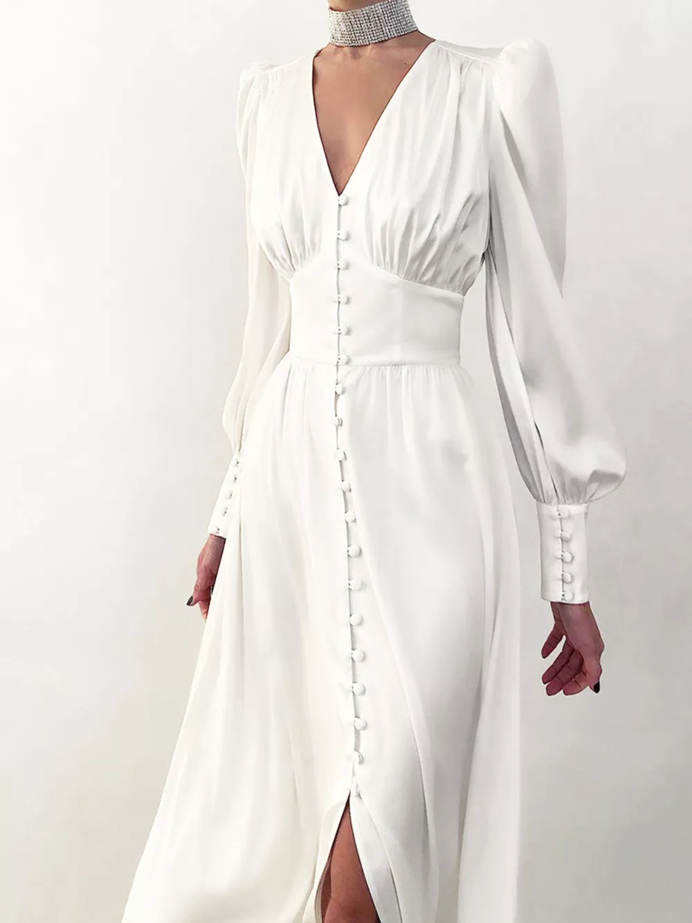 Elegant V-Neck Puff Sleeve Button-Down Midi Dress, image 2